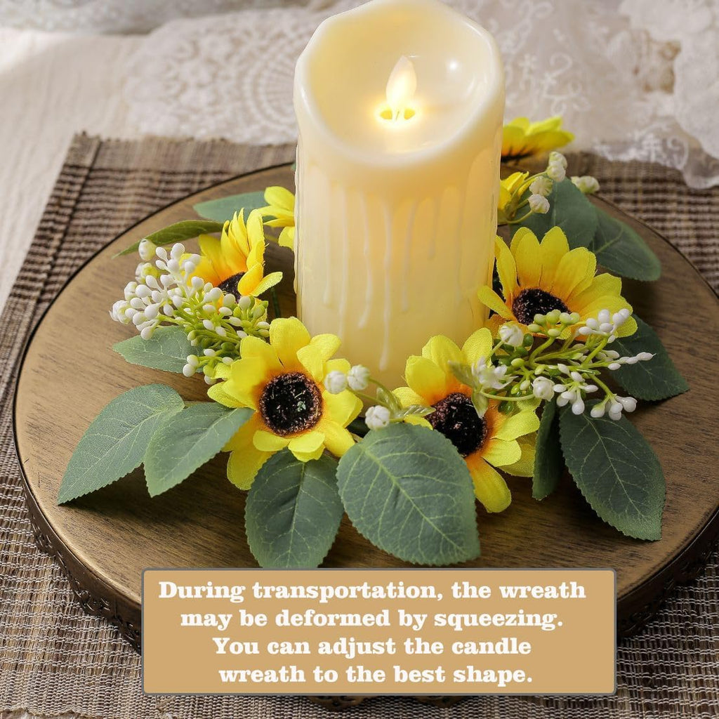 2Pcs Sunflower Candle Ring Wreaths 3 Inch Center Yellow Artificial Flowers Candle Holder Small Wreath for 3'' Pillar Decor Bee Festival Home Door Tabletop Decorations