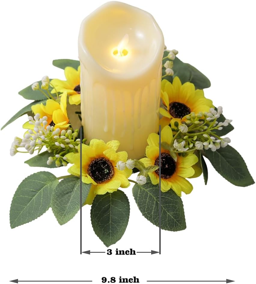 2Pcs Sunflower Candle Ring Wreaths 3 Inch Center Yellow Artificial Flowers Candle Holder Small Wreath for 3'' Pillar Decor Bee Festival Home Door Tabletop Decorations