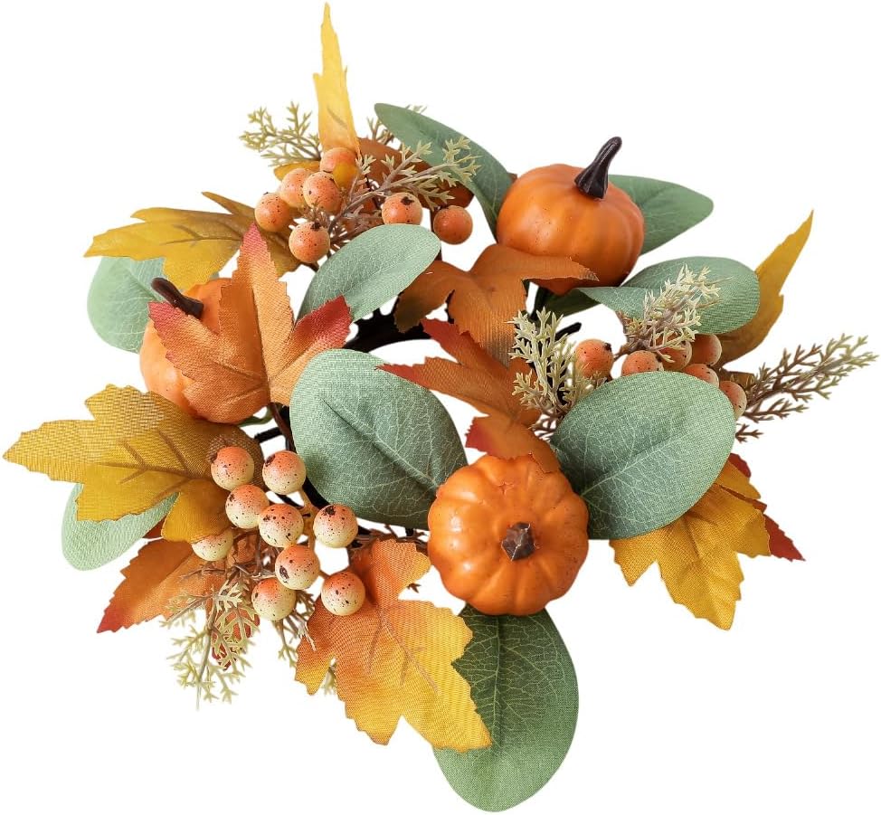 2Pcs Pumpkins Candle Rings Wreaths Fall Berry Maple Leaf and Pine Needle Leaf Pillar Candle Holder Ring for Wedding Home Door Tabletop Decor (Orange Pumpkin)