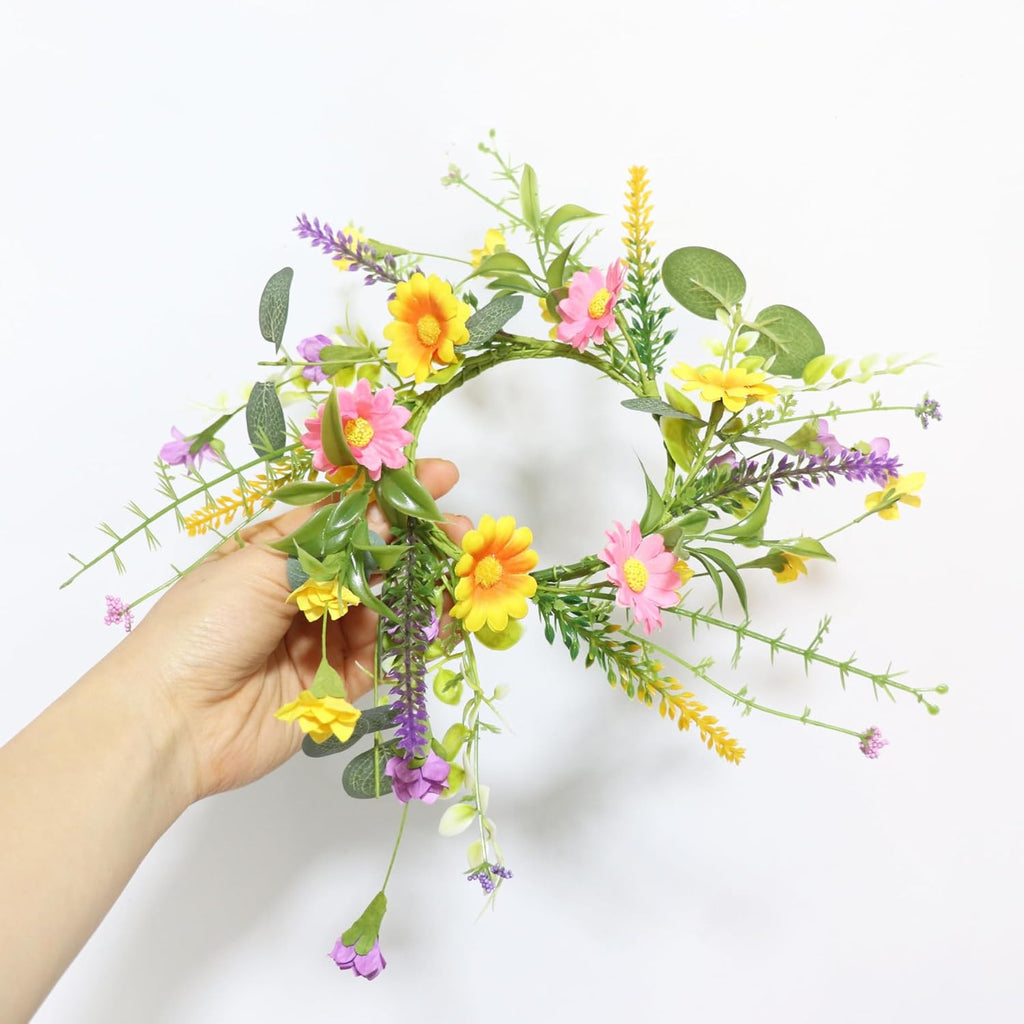 2 Pack Candle Rings Holder Wreaths with Daisy Flower Spring Egg and Pastel Pip Berry Candle Rings Candle Holder Mini Wreaths 4" Center for Holiday Home Kitchen Table Centerpiece (Multicolor)