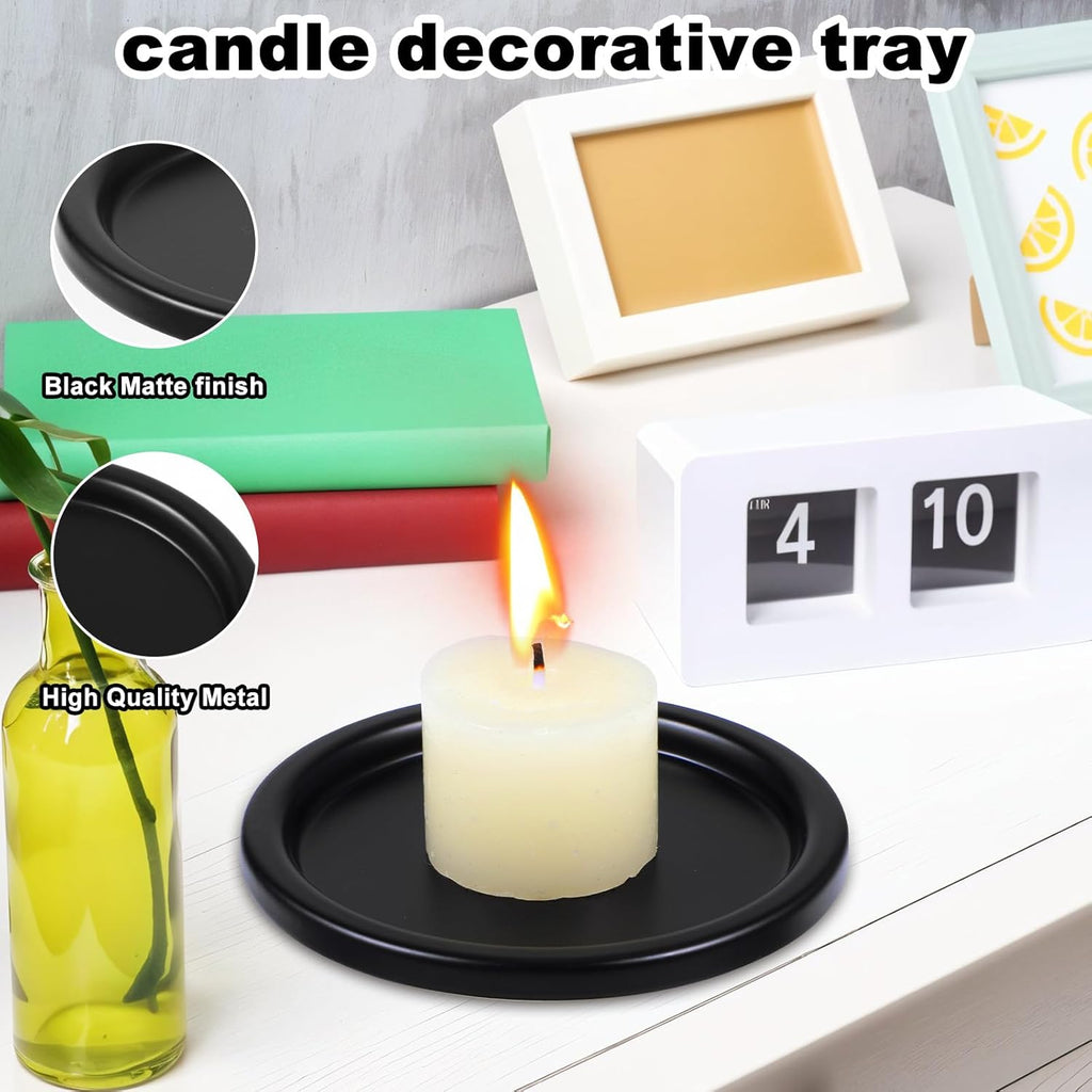 2 Pcs Black Iron Plate Candle Holder, Vintage Round Candle Holder Trays, Decorative Iron Pillar Candles Plate, 3.9 Inch Metal Candles Stand for LED & Wax Elegant Stand, Weddings, Christmas, Outdoor