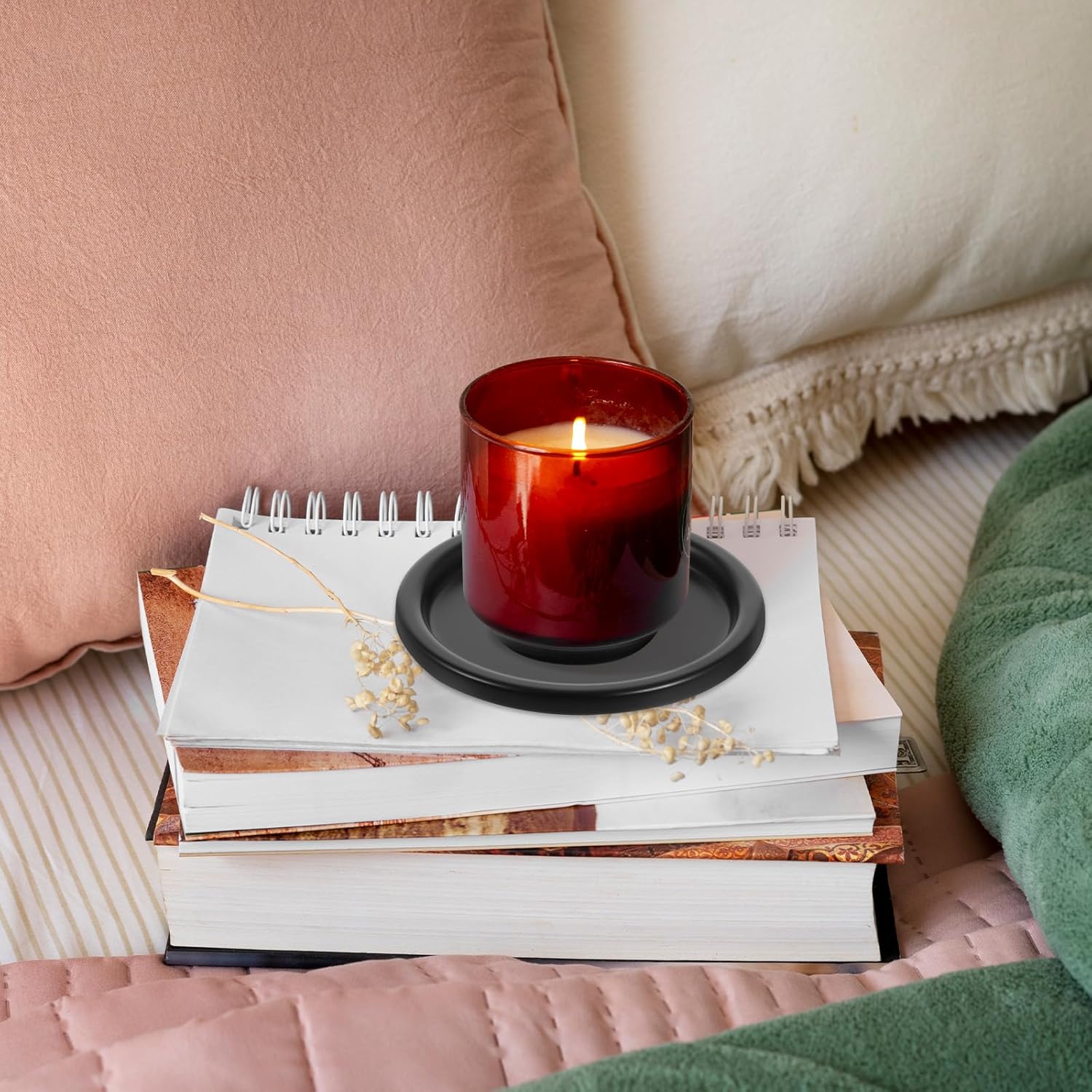 2 Pcs Black Iron Plate Candle Holder, Vintage Round Candle Holder Trays, Decorative Iron Pillar Candles Plate, 3.9 Inch Metal Candles Stand for LED & Wax Elegant Stand, Weddings, Christmas, Outdoor