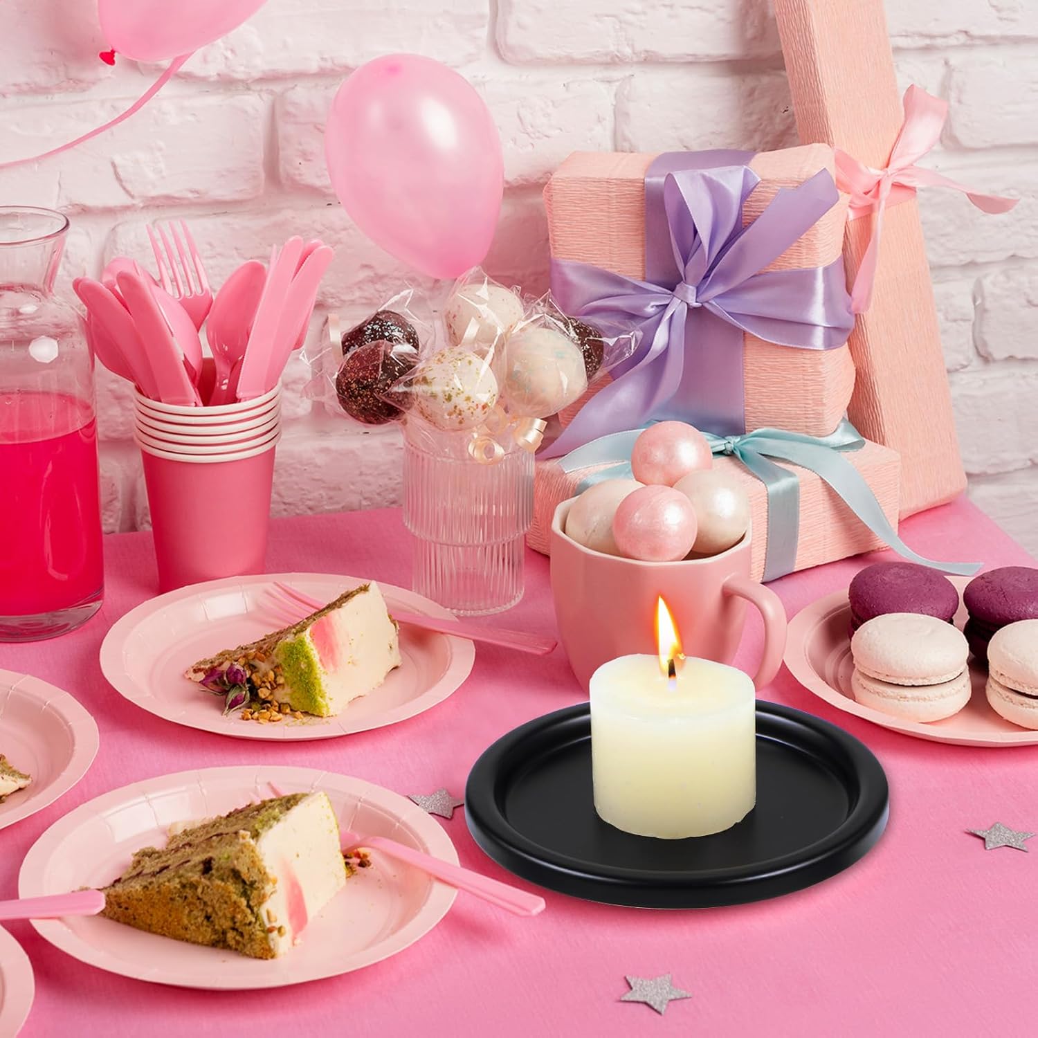 2 Pcs Black Iron Plate Candle Holder, Vintage Round Candle Holder Trays, Decorative Iron Pillar Candles Plate, 3.9 Inch Metal Candles Stand for LED & Wax Elegant Stand, Weddings, Christmas, Outdoor