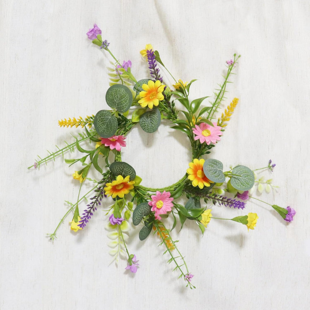 2 Pack Candle Rings Holder Wreaths with Daisy Flower Spring Egg and Pastel Pip Berry Candle Rings Candle Holder Mini Wreaths 4" Center for Holiday Home Kitchen Table Centerpiece (Multicolor)