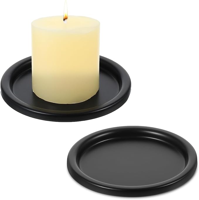 2 Pcs Black Iron Plate Candle Holder, Vintage Round Candle Holder Trays, Decorative Iron Pillar Candles Plate, 3.9 Inch Metal Candles Stand for LED & Wax Elegant Stand, Weddings, Christmas, Outdoor