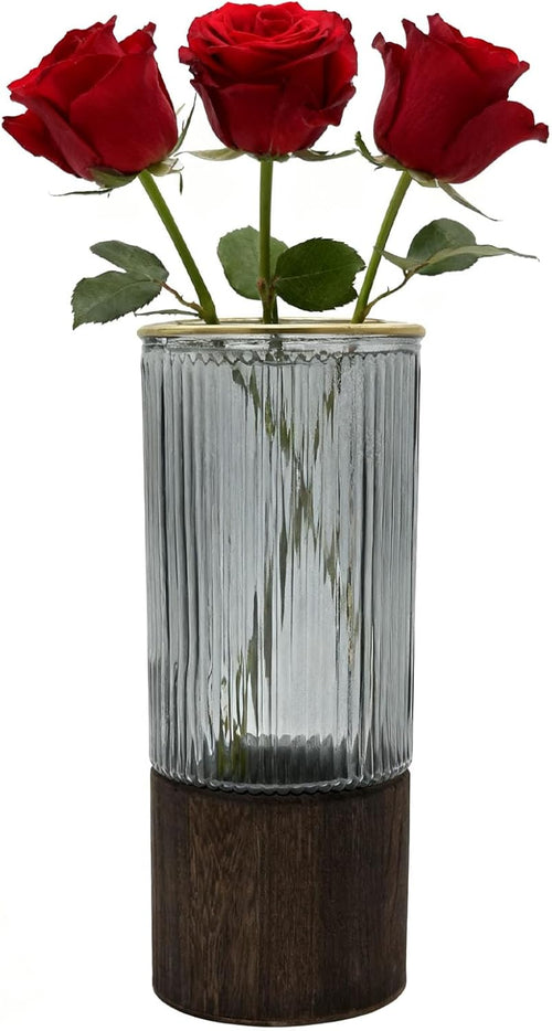 10 Inch Large Artistic Wood Base Glass Cylinder Flower Vase, Ins Modern Boho Style for Home Kitchen Fireplace Office Desks, Houses, Garden Decorations-Grey