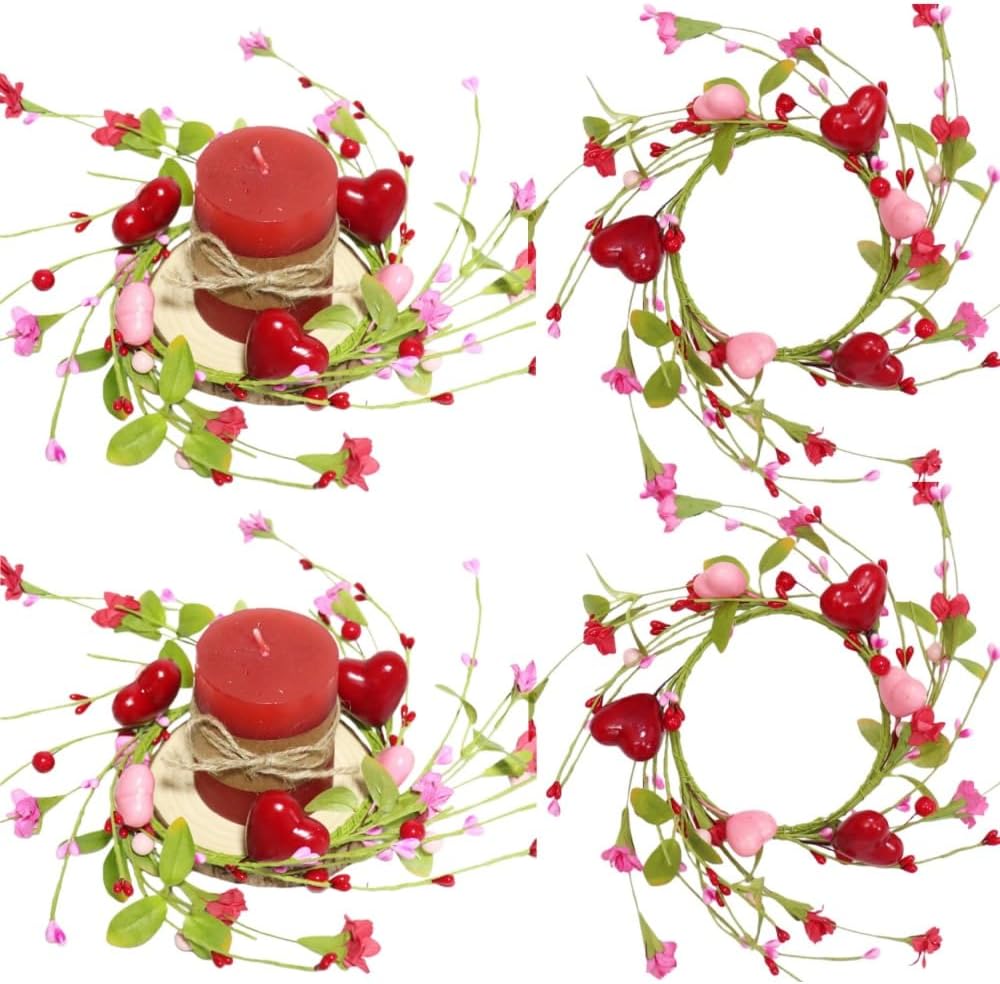 2 Pcs Valentine's Day Candle Rings Wreaths Pink & Red Heart Berry with Faux Forsythia Floral Centerpiece Candle Holder for Farmhouse Cabinet Table Decor(Red)