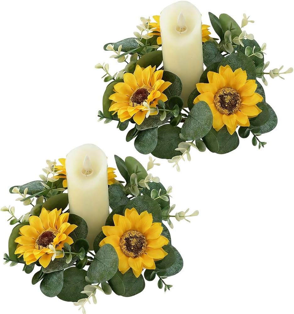 2 Pack Candle Rings Holder Wreaths with Daisy Flower Spring Egg and Pastel Pip Berry Candle Rings Candle Holder Mini Wreaths 4" Center for Holiday Home Kitchen Table Centerpiece (Multicolor)