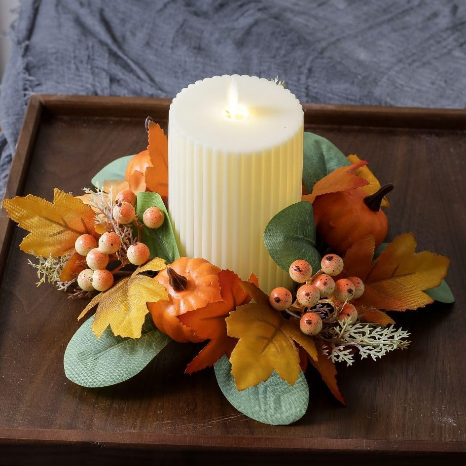 2Pcs Pumpkins Candle Rings Wreaths Fall Berry Maple Leaf and Pine Needle Leaf Pillar Candle Holder Ring for Wedding Home Door Tabletop Decor (Orange Pumpkin)