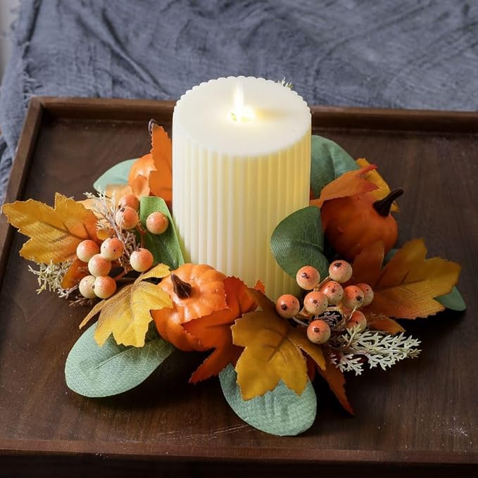 2Pcs Pumpkins Candle Rings Wreaths Fall Berry Maple Leaf and Pine Needle Leaf Pillar Candle Holder Ring for Wedding Home Door Tabletop Decor (Orange Pumpkin)