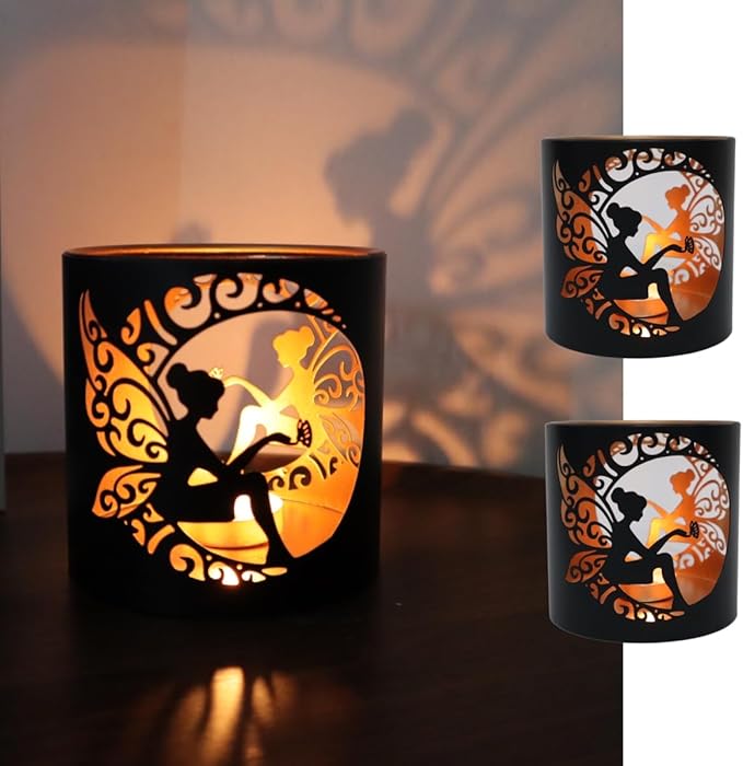 2 Pack Tealight Candle Holder, Candle Holder with Fairy Pattern, Romantic Mosaic Tea Light Holder Cup for Table Centerpieces, Christmas, Birthday Party, Home Decor