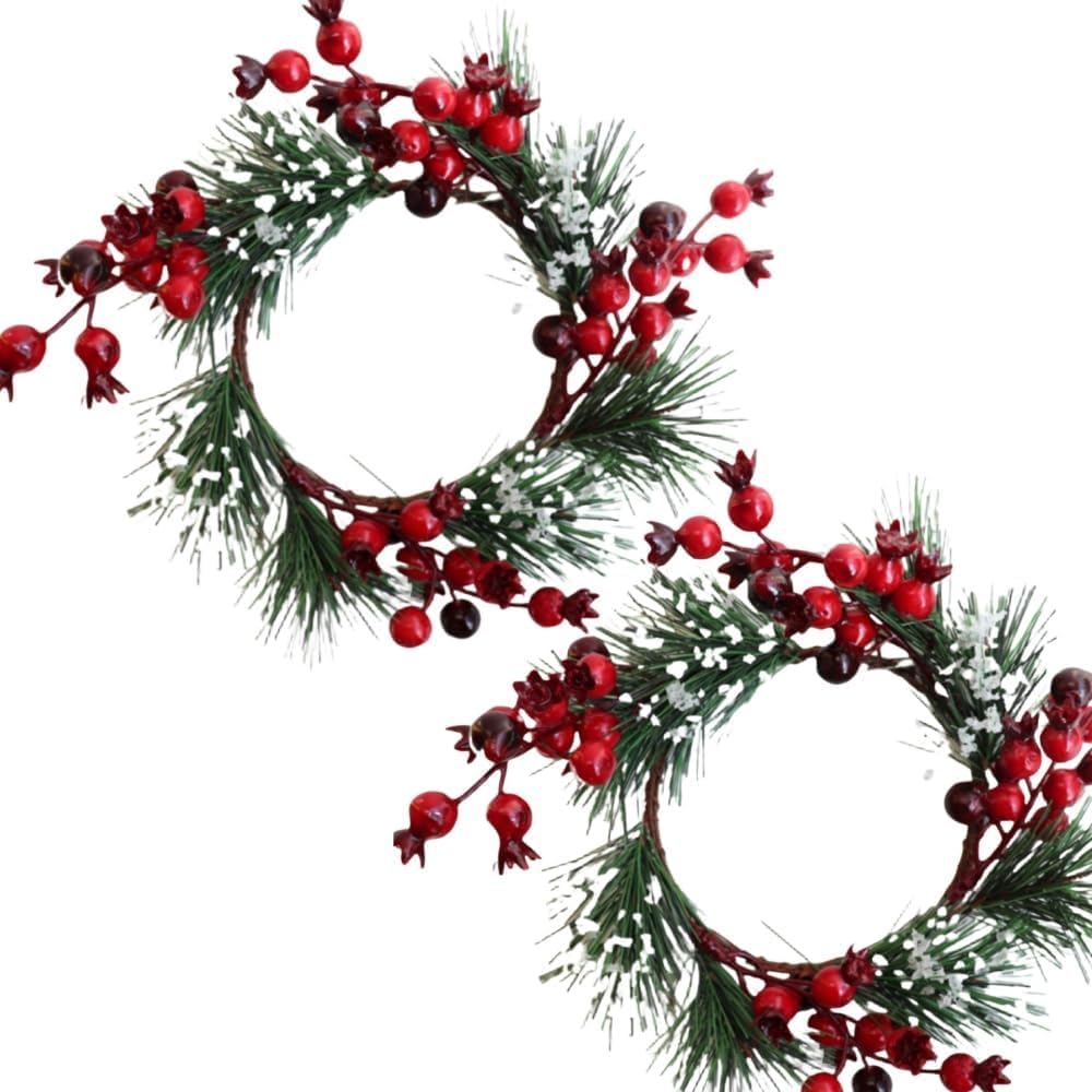 2 Pcs Valentine's Day Candle Rings Wreaths Pink & Red Heart Berry with Faux Forsythia Floral Centerpiece Candle Holder for Farmhouse Cabinet Table Decor(Red)