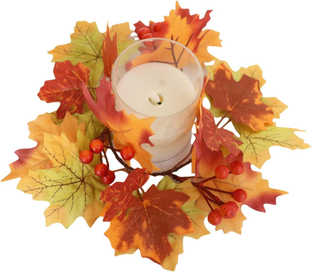 2 Pcs Fall Candle Rings Wreaths, Artificial Maple Leaf Candle Ring for Pillar Candle Holder, Thanksgiving Halloween Home Party Table Centerpieces, Door, Wall, Window Decor (Orange)