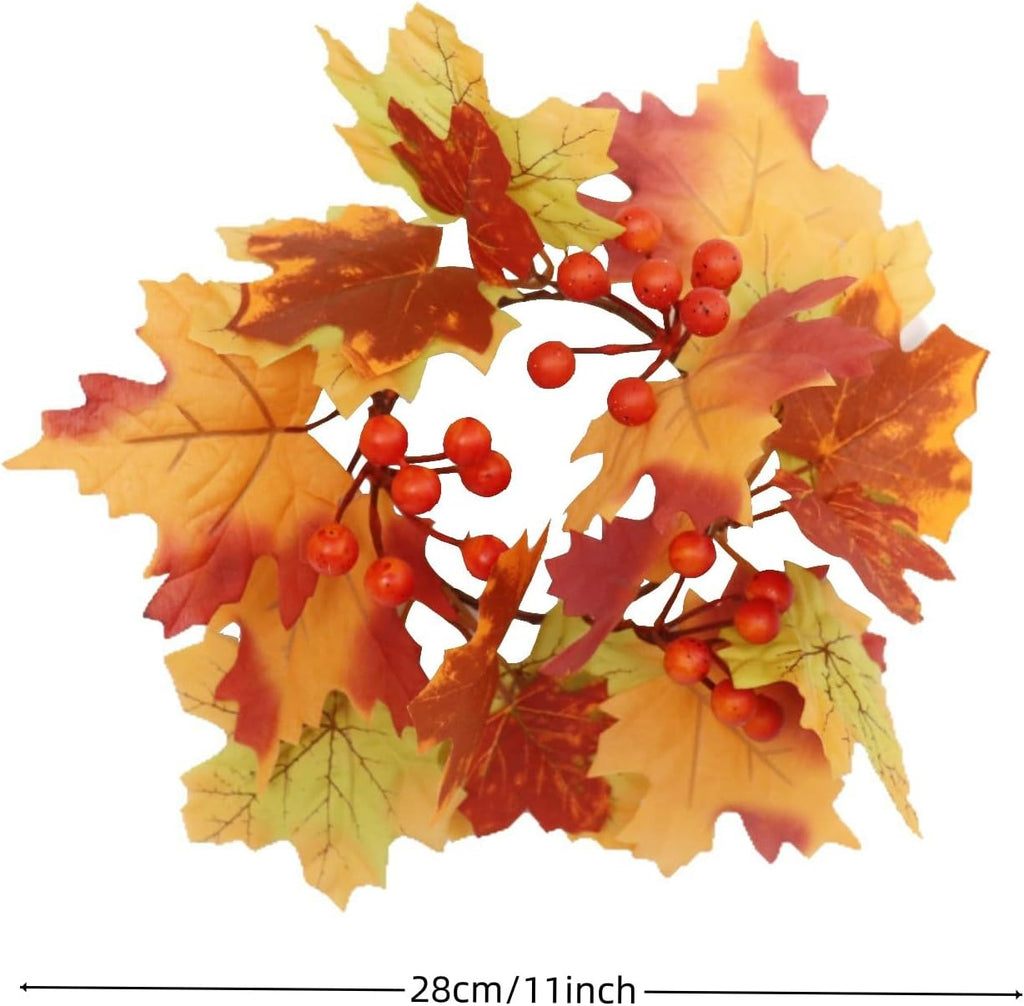 2 Pcs Fall Candle Rings Wreaths, Artificial Maple Leaf Candle Ring for Pillar Candle Holder, Thanksgiving Halloween Home Party Table Centerpieces, Door, Wall, Window Decor (Orange)