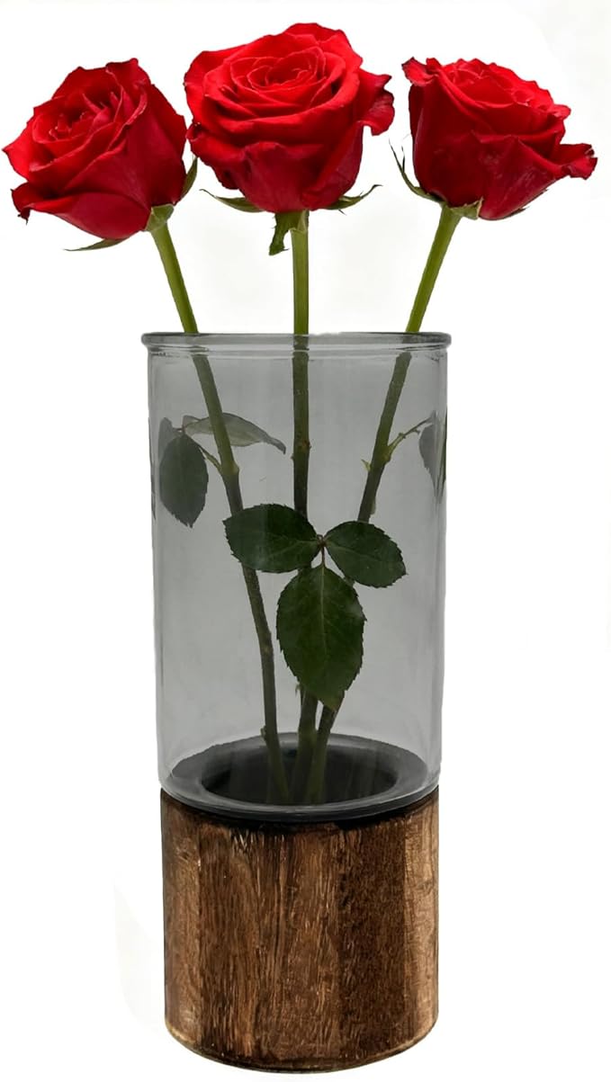 10 Inch Large Artistic Wood Base Glass Cylinder Flower Vase, Ins Modern Boho Style for Home Kitchen Fireplace Office Desks, Houses, Garden Decorations-Grey