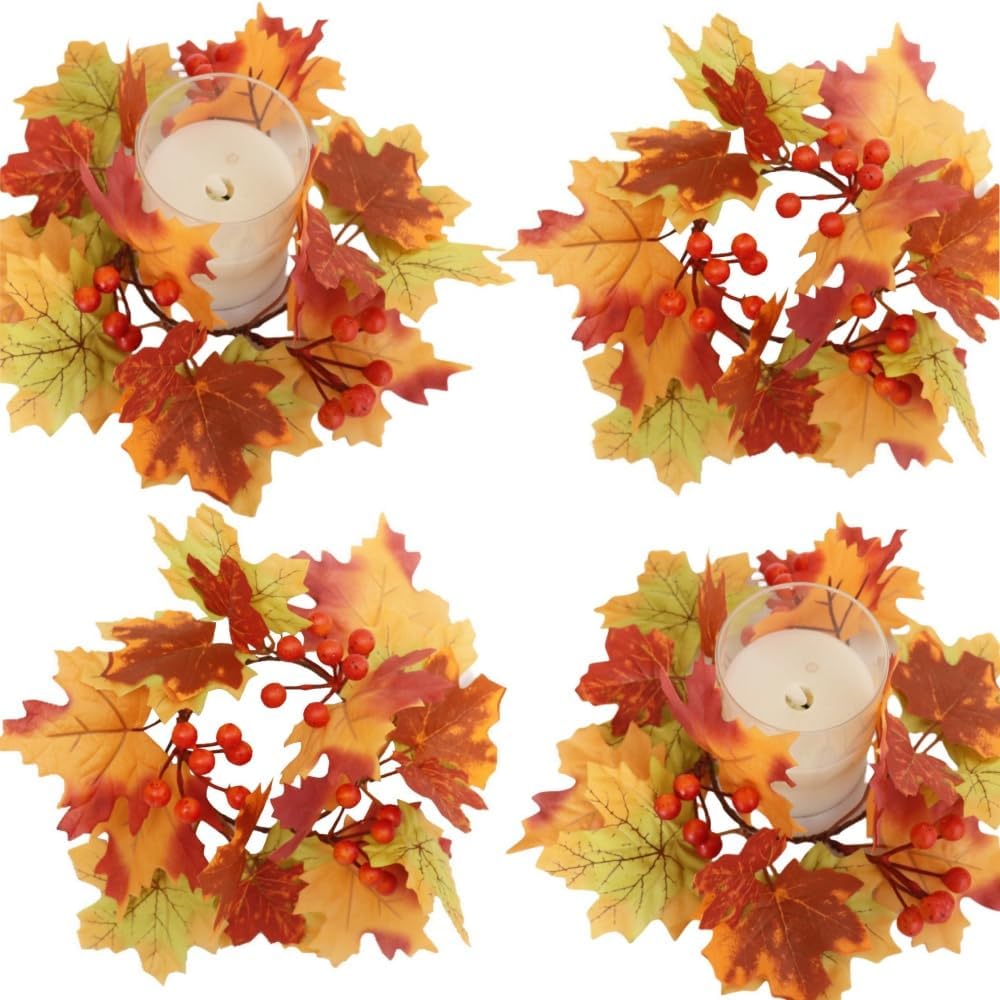 2 Pcs Fall Candle Rings Wreaths, Artificial Maple Leaf Candle Ring for Pillar Candle Holder, Thanksgiving Halloween Home Party Table Centerpieces, Door, Wall, Window Decor (Orange)