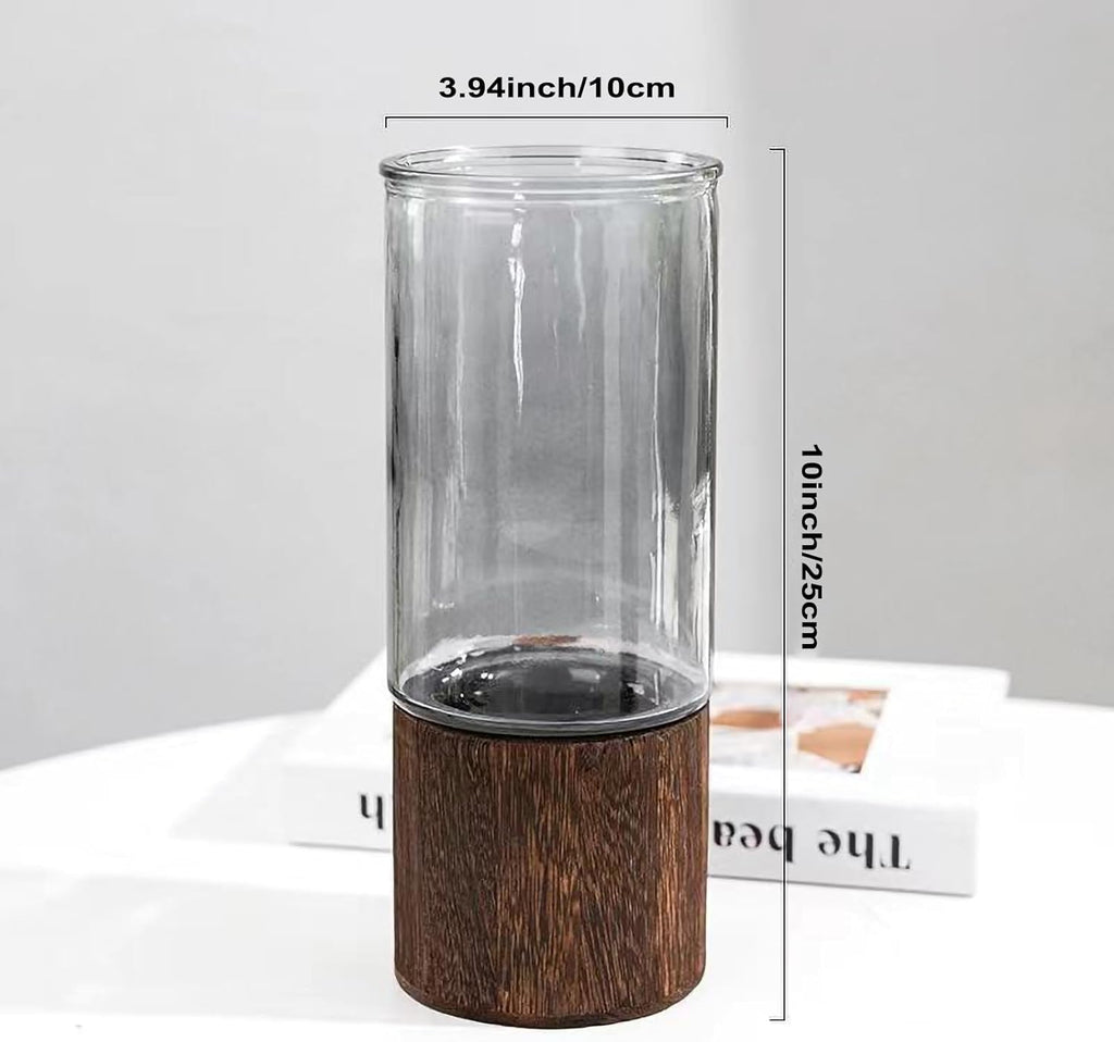 10 Inch Large Artistic Wood Base Glass Cylinder Flower Vase, Ins Modern Boho Style for Home Kitchen Fireplace Office Desks, Houses, Garden Decorations-Grey