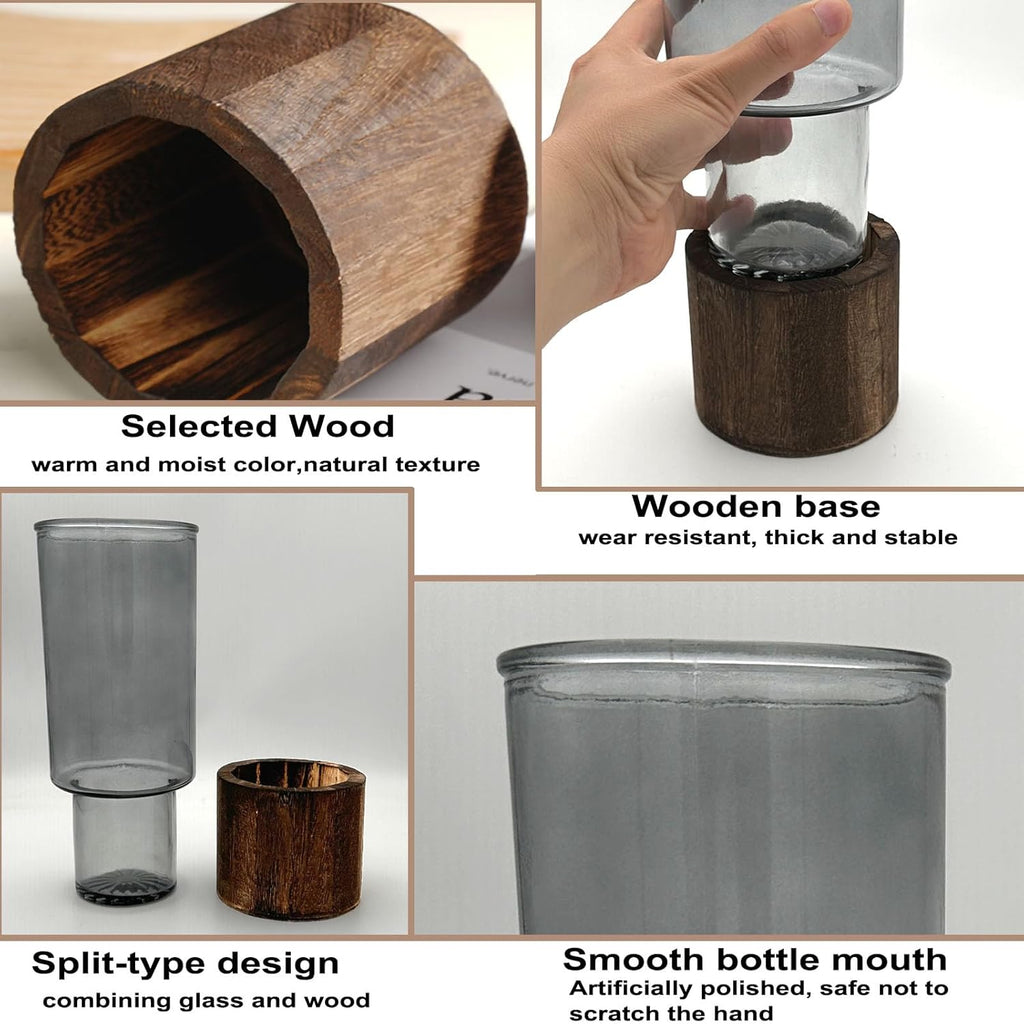 10 Inch Large Artistic Wood Base Glass Cylinder Flower Vase, Ins Modern Boho Style for Home Kitchen Fireplace Office Desks, Houses, Garden Decorations-Grey