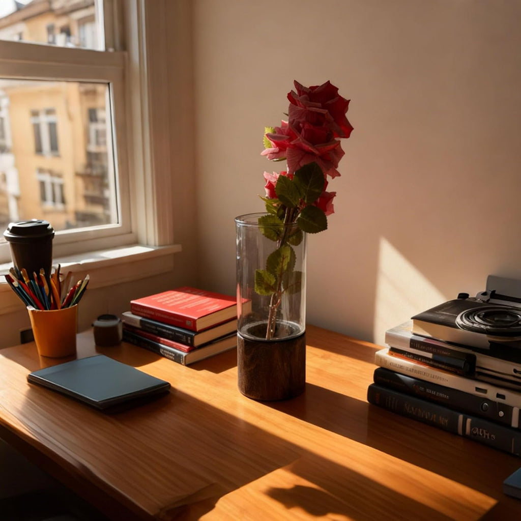 10 Inch Large Artistic Wood Base Glass Cylinder Flower Vase, Ins Modern Boho Style for Home Kitchen Fireplace Office Desks, Houses, Garden Decorations-Grey