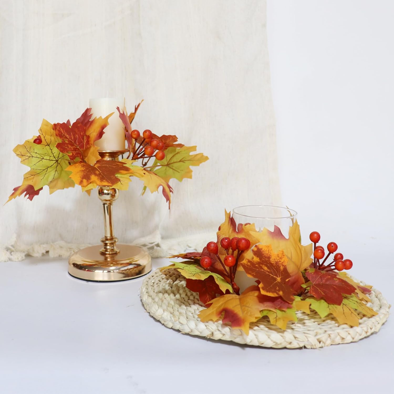 2 Pcs Fall Candle Rings Wreaths, Artificial Maple Leaf Candle Ring for Pillar Candle Holder, Thanksgiving Halloween Home Party Table Centerpieces, Door, Wall, Window Decor (Orange)