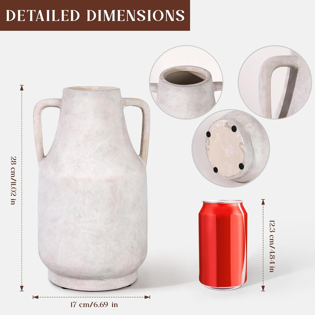 11 Inch Tall Ceramic Vase with Handles, Off-White Farmhouse Rustic Decor | Large Terracotta Style Table Vase for Living Room, Shelf & Fireplace Mantle | Decorative Pottery Centerpiece