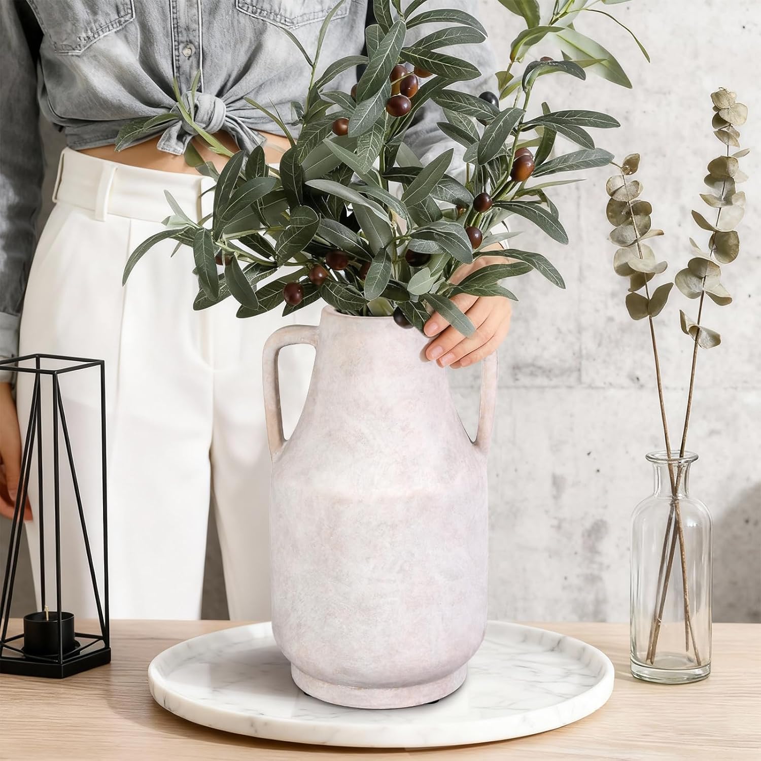 11 Inch Tall Ceramic Vase with Handles, Off-White Farmhouse Rustic Decor | Large Terracotta Style Table Vase for Living Room, Shelf & Fireplace Mantle | Decorative Pottery Centerpiece
