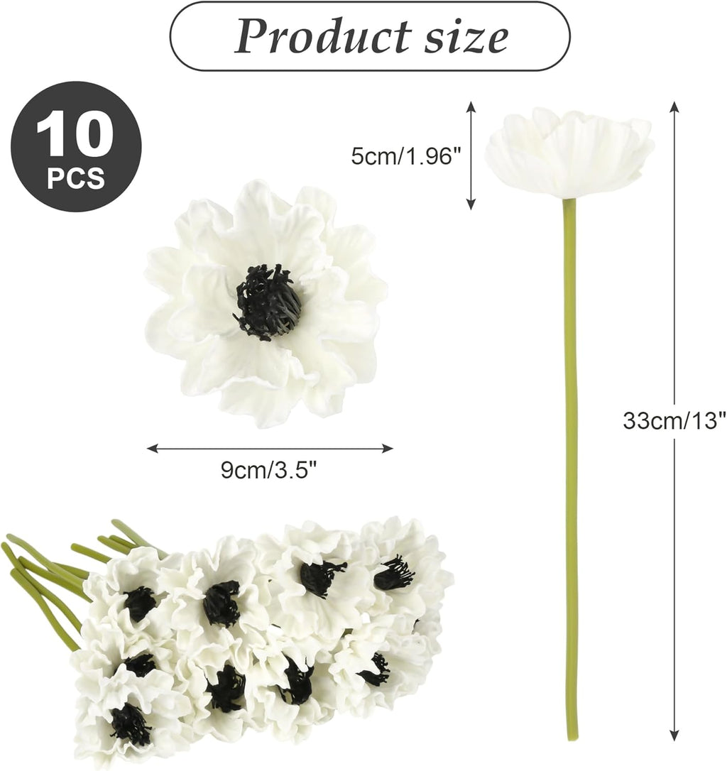 10Pcs White Poppies Flowers Artificial 12.9In Fake Poppies Anemone PU Flower Stem for Wedding Floral Arrangement Home Table Vase Decoration