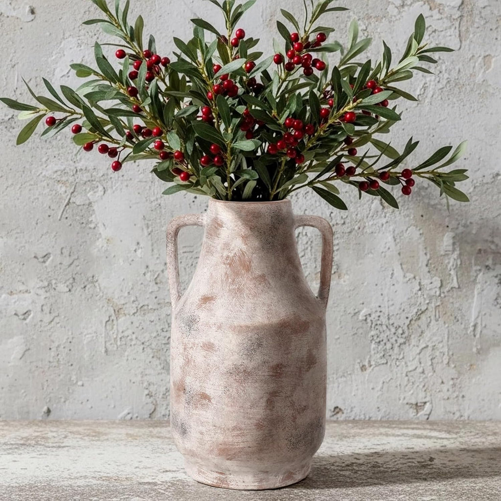 11 Inch Tall Ceramic Vase with Handles, Off-White Farmhouse Rustic Decor | Large Terracotta Style Table Vase for Living Room, Shelf & Fireplace Mantle | Decorative Pottery Centerpiece