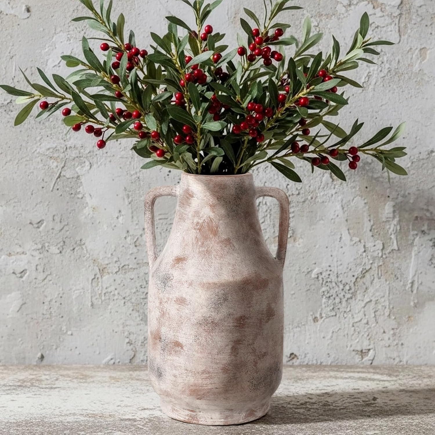 11 Inch Tall Ceramic Vase with Handles, Off-White Farmhouse Rustic Decor | Large Terracotta Style Table Vase for Living Room, Shelf & Fireplace Mantle | Decorative Pottery Centerpiece