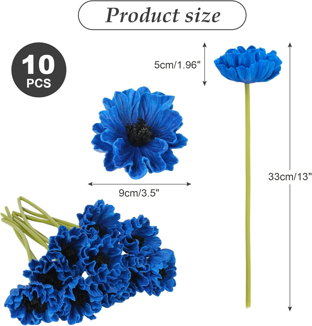 10Pcs White Poppies Flowers Artificial 12.9In Fake Poppies Anemone PU Flower Stem for Wedding Floral Arrangement Home Table Vase Decoration