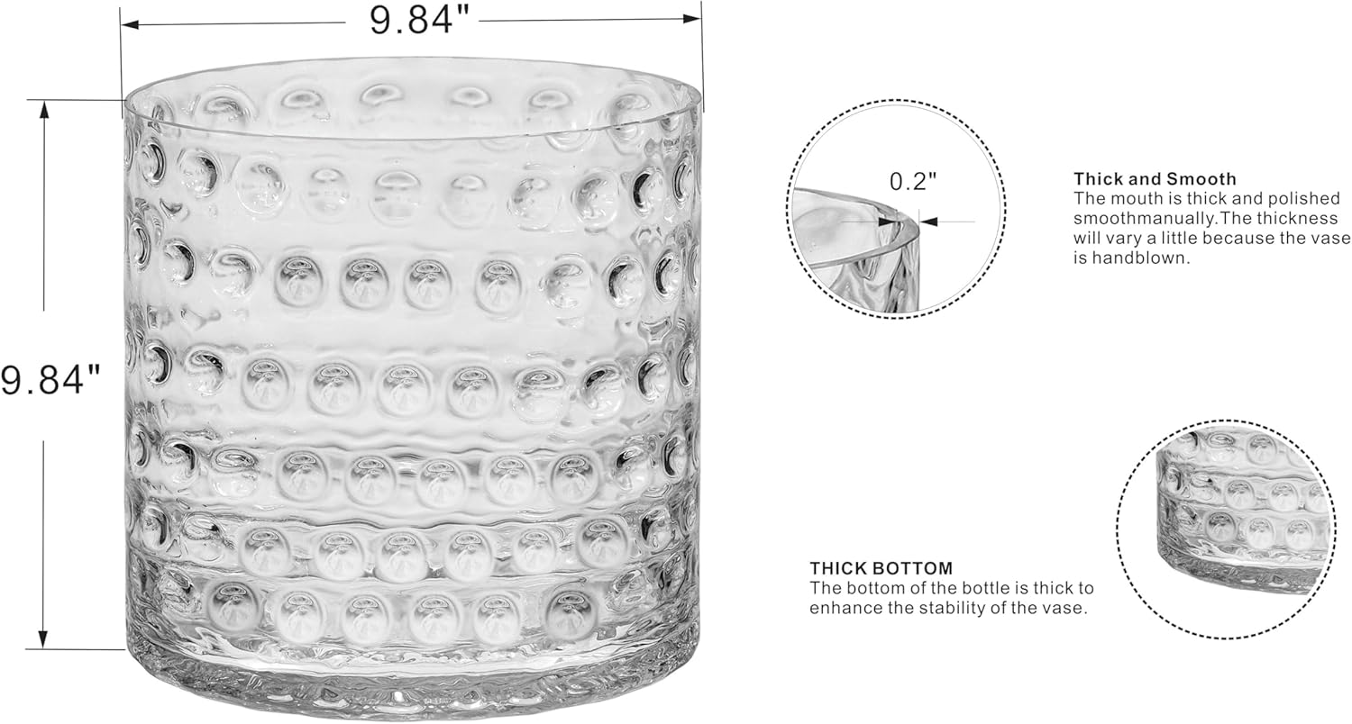 10" Wide 10" High Decorative Glass Cylinder Vase with Dimpled Circle Pattern, 8 Inch Tall, Clear (1, 10"x10")