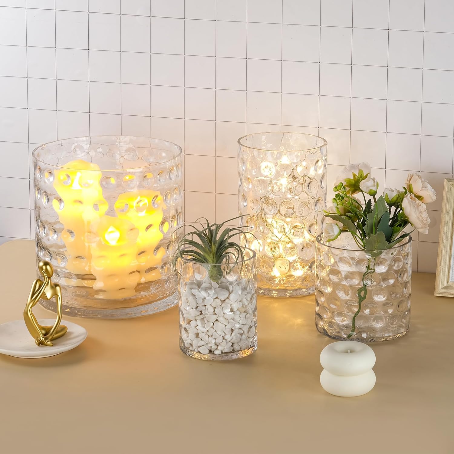 10" Wide 10" High Decorative Glass Cylinder Vase with Dimpled Circle Pattern, 8 Inch Tall, Clear (1, 10"x10")