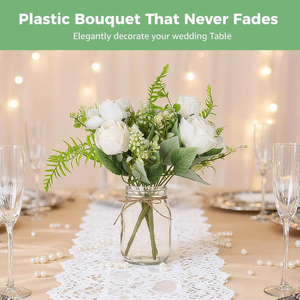 10 Pcs Mason Jar Vase Flower Centerpieces for Tables - 10 Long-lasting 17 fl oz /500 ml Glass Jars and 32.8 ft / 10 m Hemp Ropes, No Maintenance Faux Floral Decor, Elegant Table Centerpiece Set