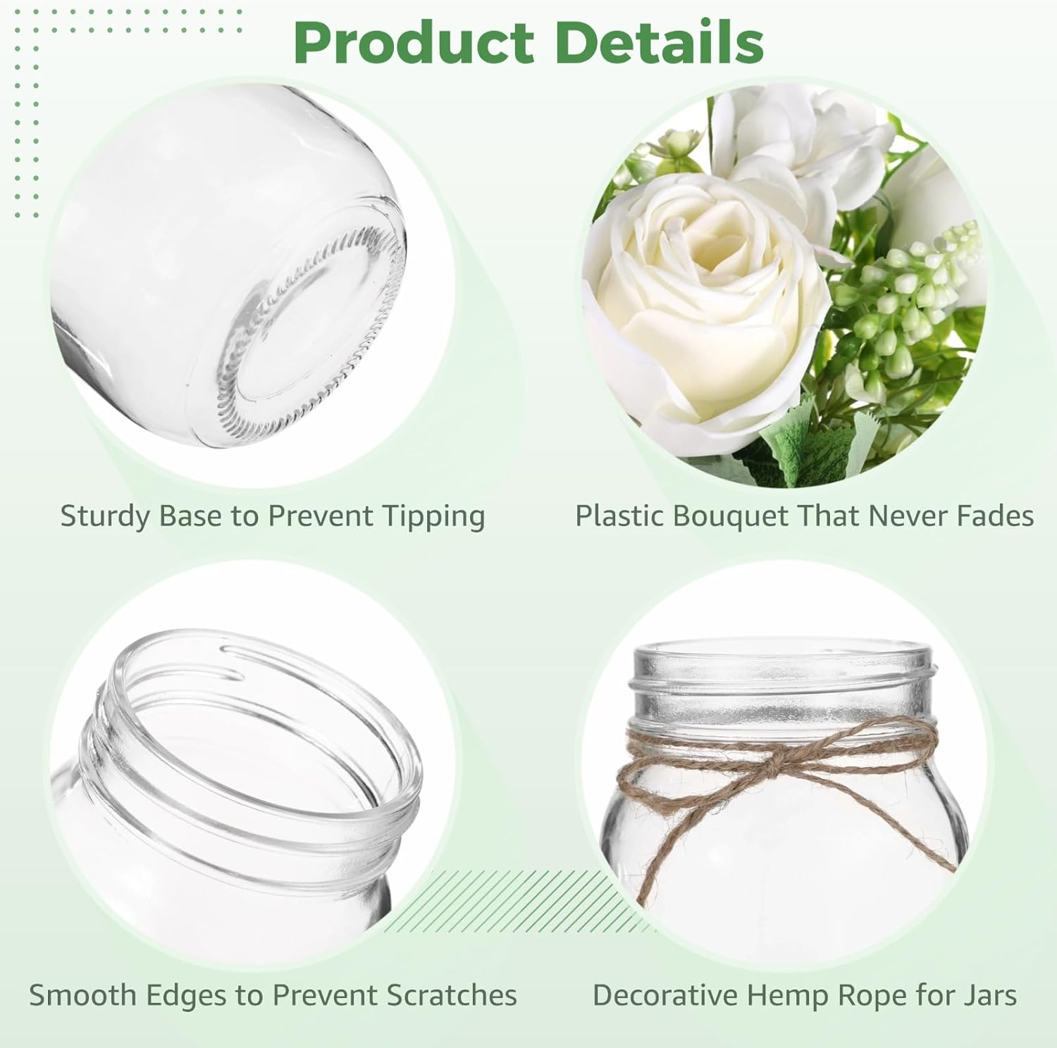 10 Pcs Mason Jar Vase Flower Centerpieces for Tables - 10 Long-lasting 17 fl oz /500 ml Glass Jars and 32.8 ft / 10 m Hemp Ropes, No Maintenance Faux Floral Decor, Elegant Table Centerpiece Set