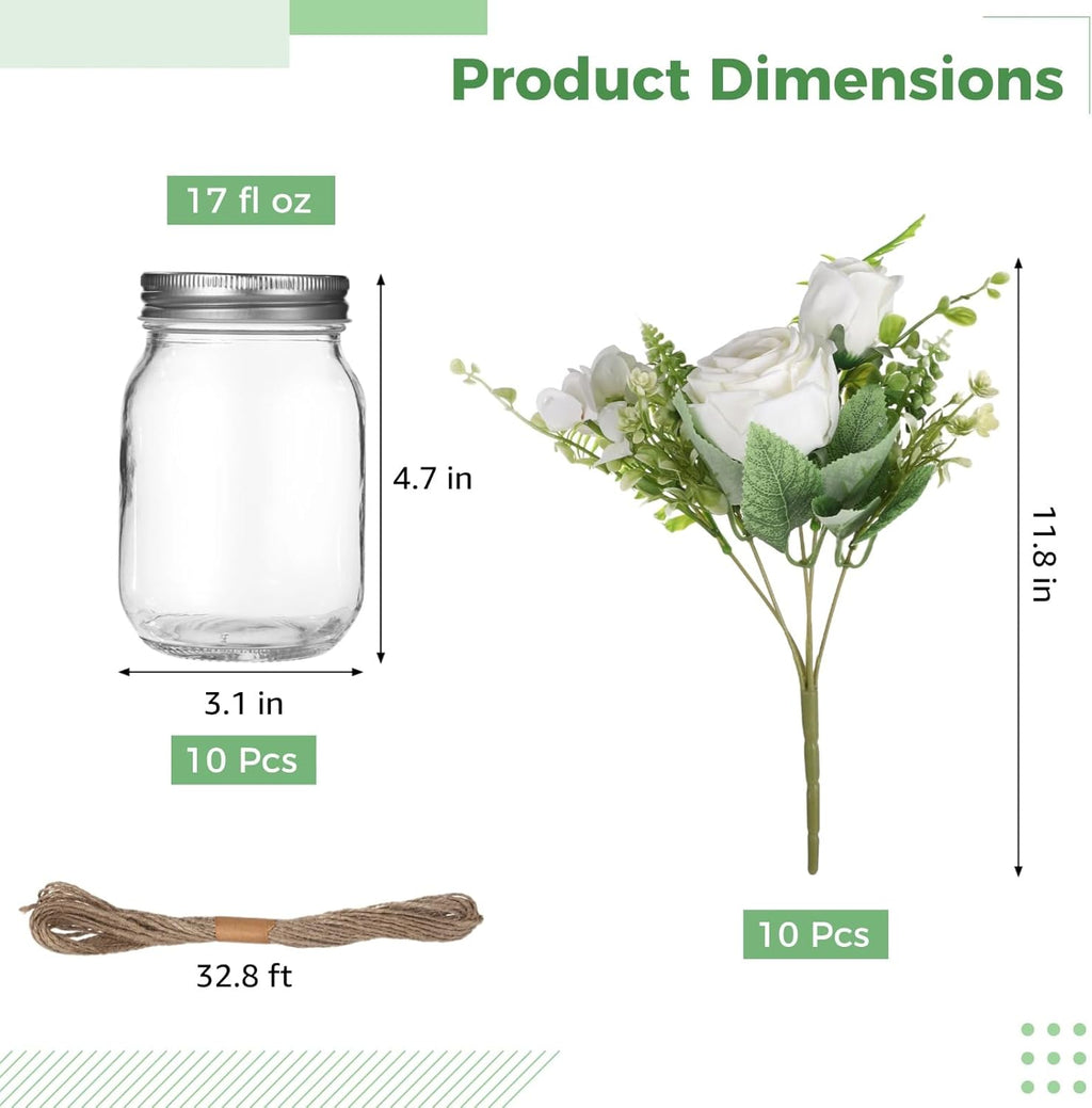 10 Pcs Mason Jar Vase Flower Centerpieces for Tables - 10 Long-lasting 17 fl oz /500 ml Glass Jars and 32.8 ft / 10 m Hemp Ropes, No Maintenance Faux Floral Decor, Elegant Table Centerpiece Set