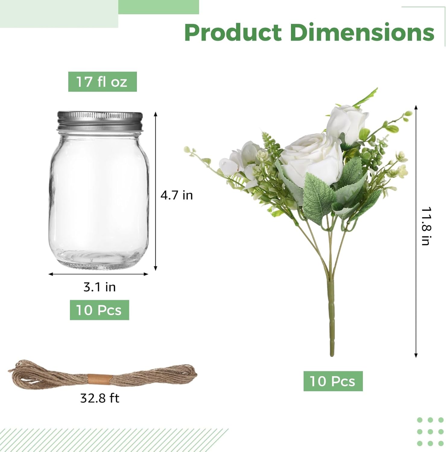 10 Pcs Mason Jar Vase Flower Centerpieces for Tables - 10 Long-lasting 17 fl oz /500 ml Glass Jars and 32.8 ft / 10 m Hemp Ropes, No Maintenance Faux Floral Decor, Elegant Table Centerpiece Set