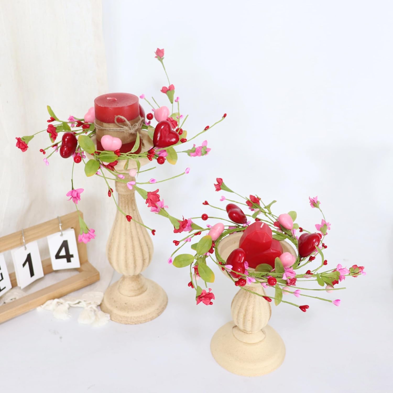 2 Pcs Valentine's Day Candle Rings Wreaths Pink & Red Heart Berry with Faux Forsythia Floral Centerpiece Candle Holder for Farmhouse Cabinet Table Decor(Red)